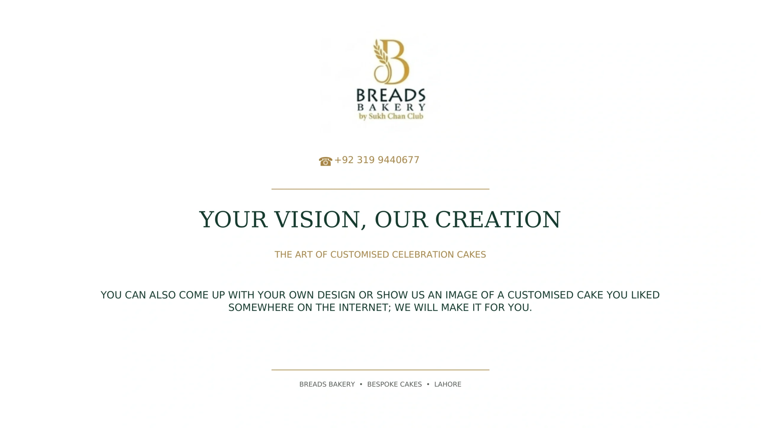 Breads Bakery logo and bespoke cake catalogue cover with the headline “Your Vision, Our Creation” and the tagline “The Art of Customised Celebration Cakes.”