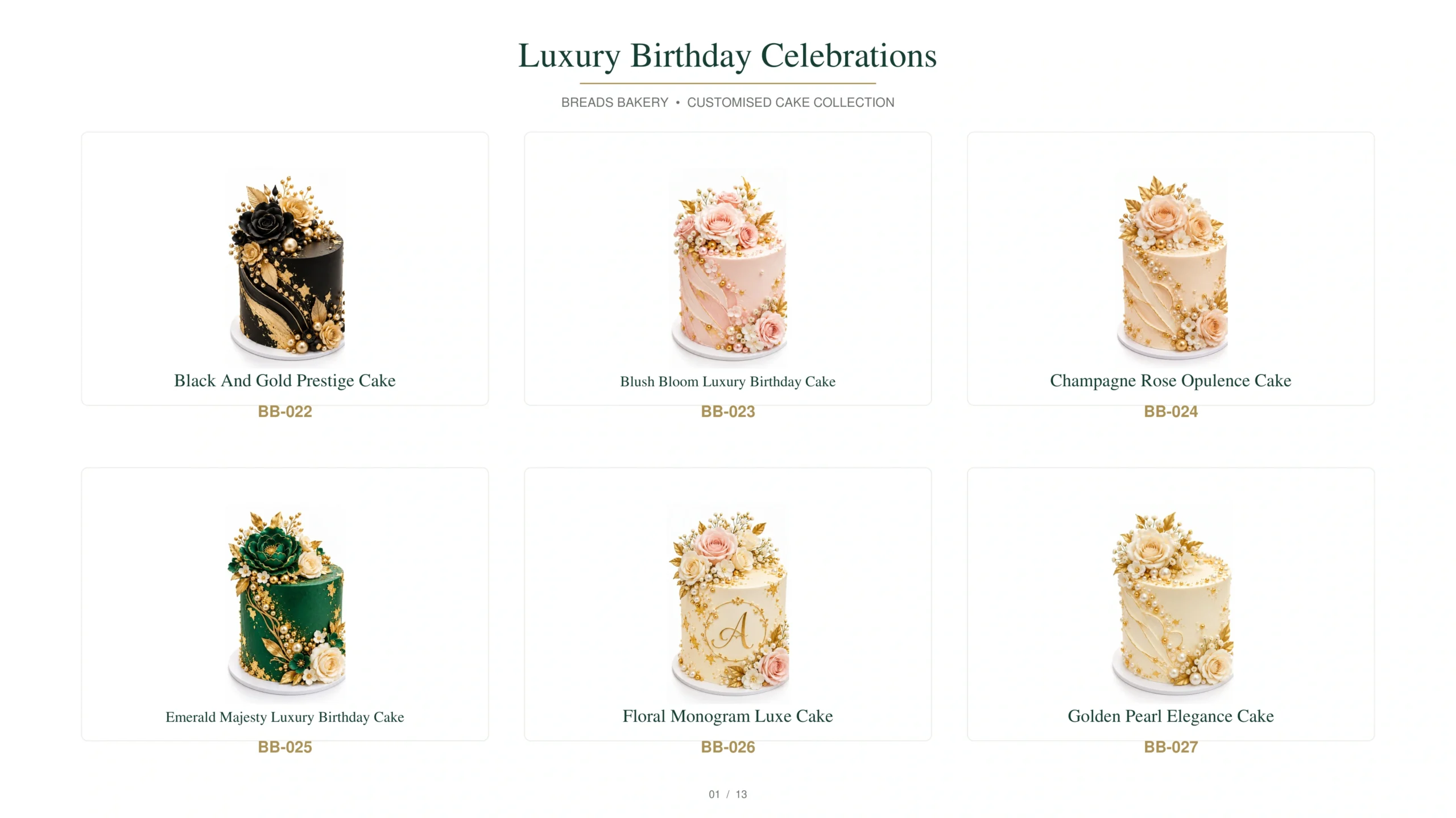 Luxury birthday cake collection featuring black and gold, blush pink, champagne rose, emerald green, floral monogram, pearl, marble gold, midnight luxe, royal ivory, pastel pink, personalised and golden milestone cake designs.