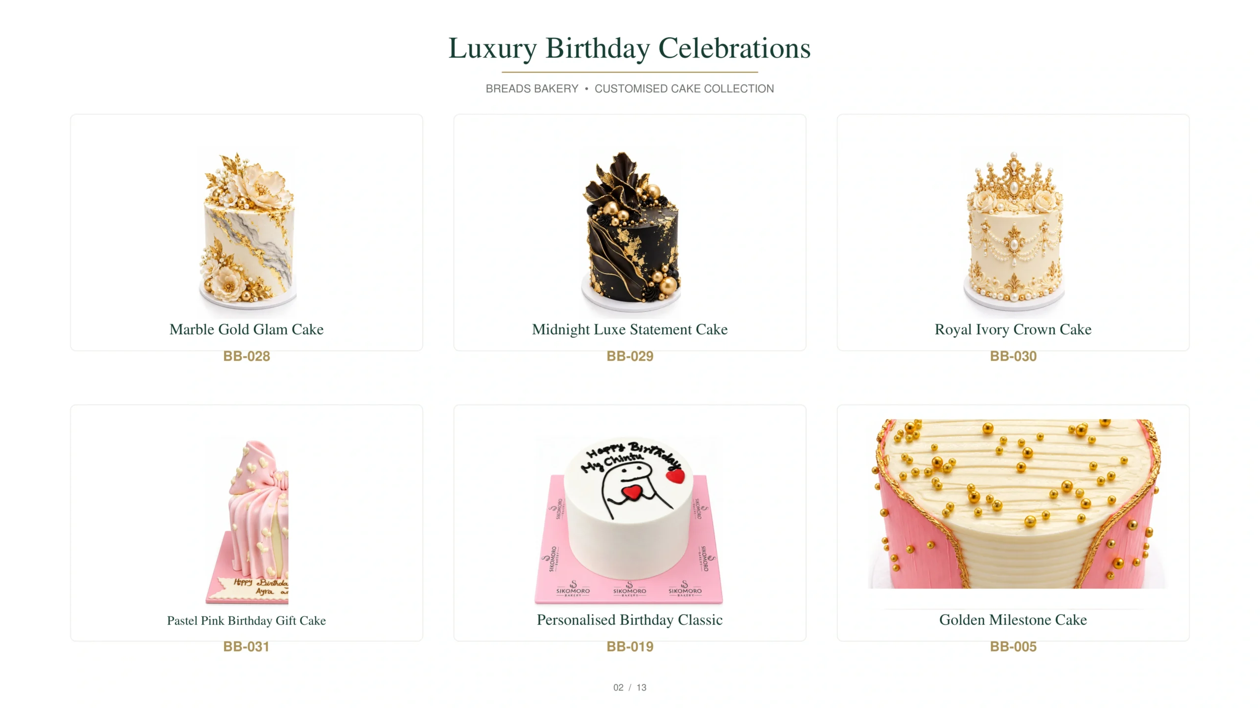 Birthday cake collection showing marble gold glam, midnight luxe statement, royal ivory crown, pastel pink birthday gift, personalised birthday classic and golden milestone cake designs.