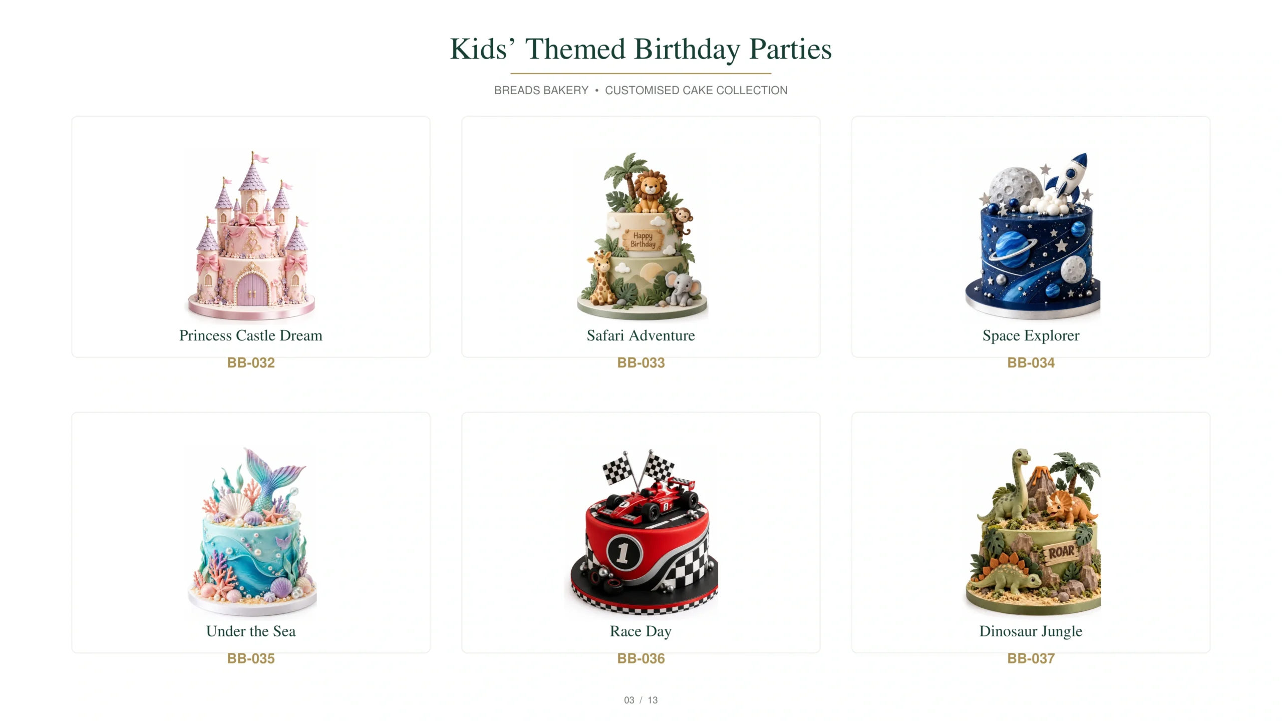 Children’s cake collection featuring unicorn rainbow, construction party, teddy bear celebration, superhero power, makeup artistry and tailored tuxedo cake designs.