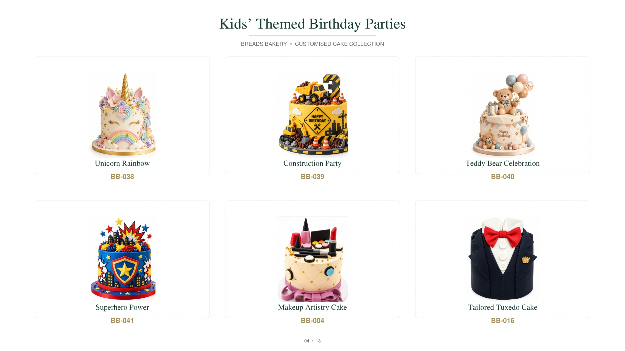 Children’s cake collection featuring unicorn rainbow, construction party, teddy bear celebration, superhero power, makeup artistry and tailored tuxedo cake designs.