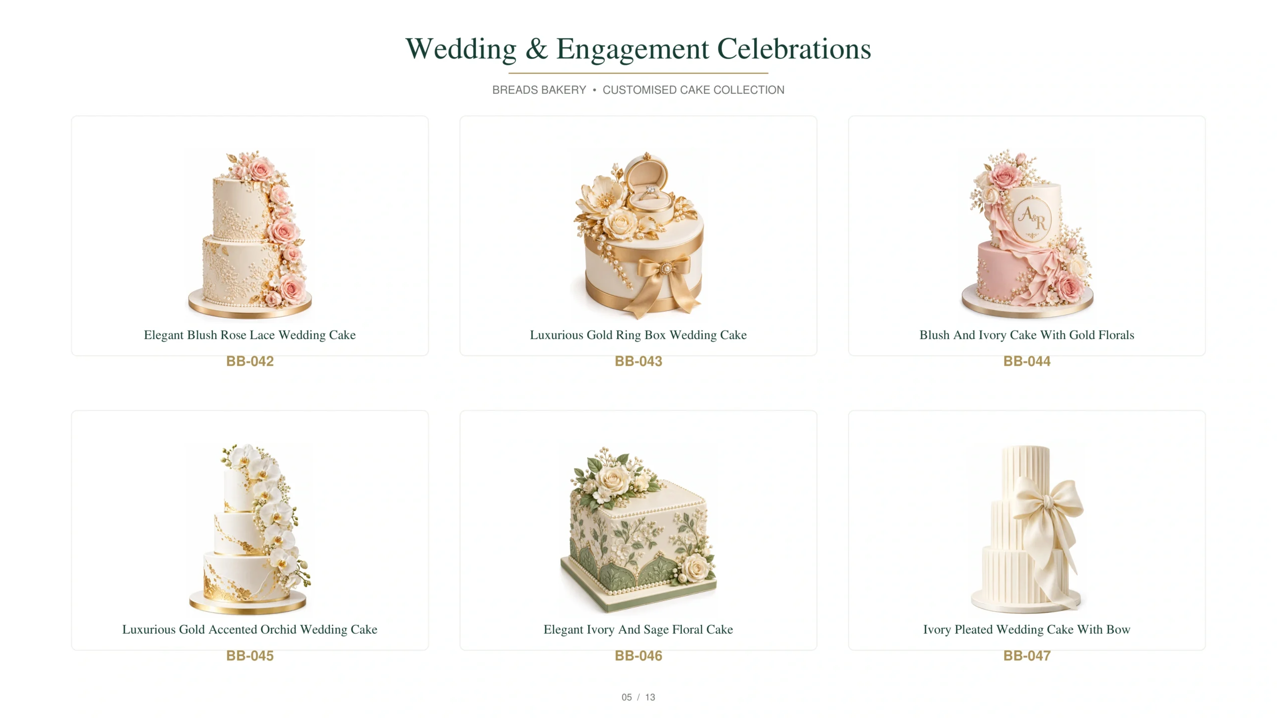 Wedding and engagement cake collection featuring blush rose lace, gold ring box, blush and ivory with gold florals, gold-accented orchids, ivory and sage florals, and an ivory pleated cake with a bow.