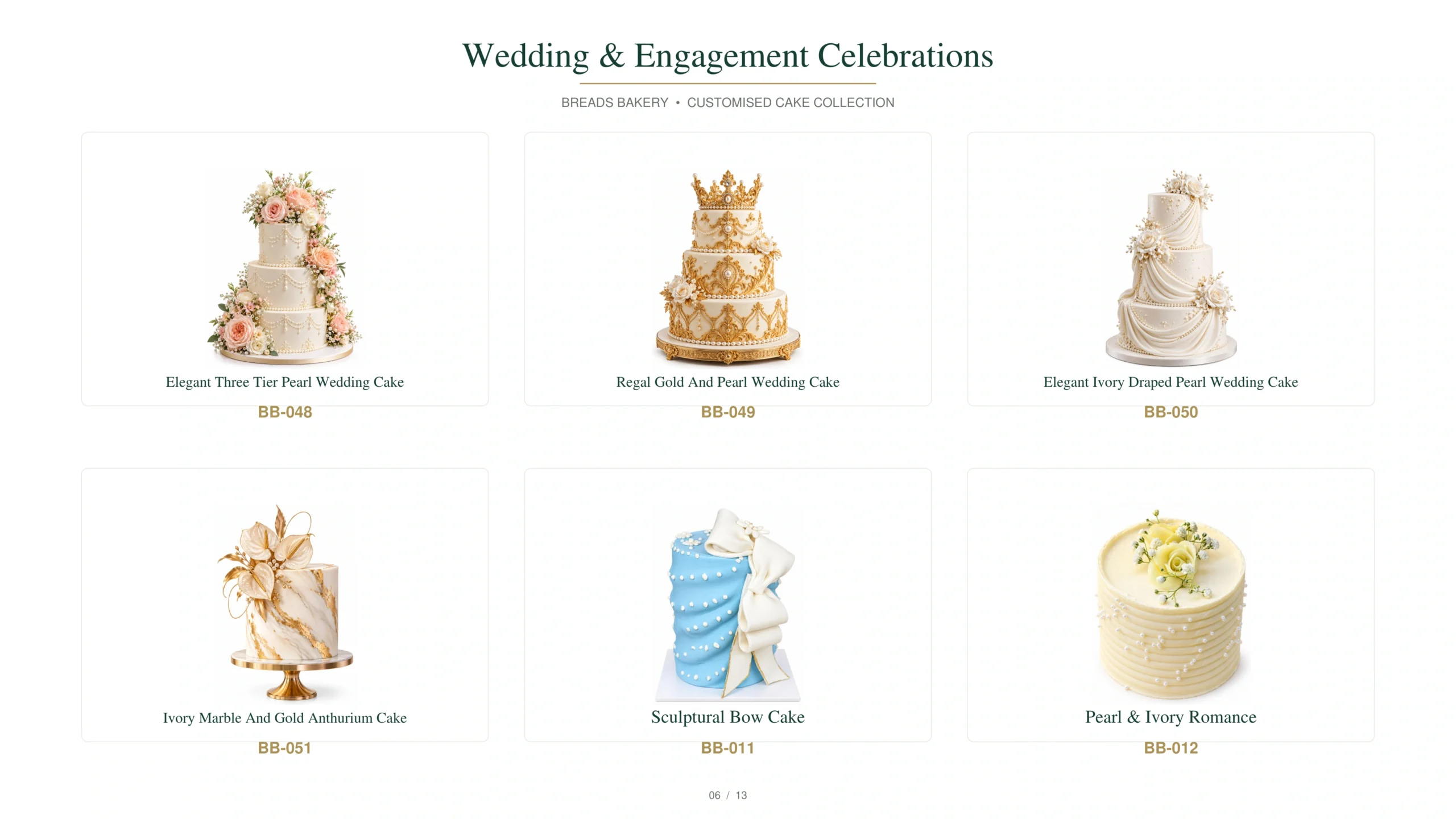 Wedding and engagement cake collection featuring blush rose lace, gold ring box, blush and ivory with gold florals, gold-accented orchids, ivory and sage florals, and an ivory pleated cake with a bow.