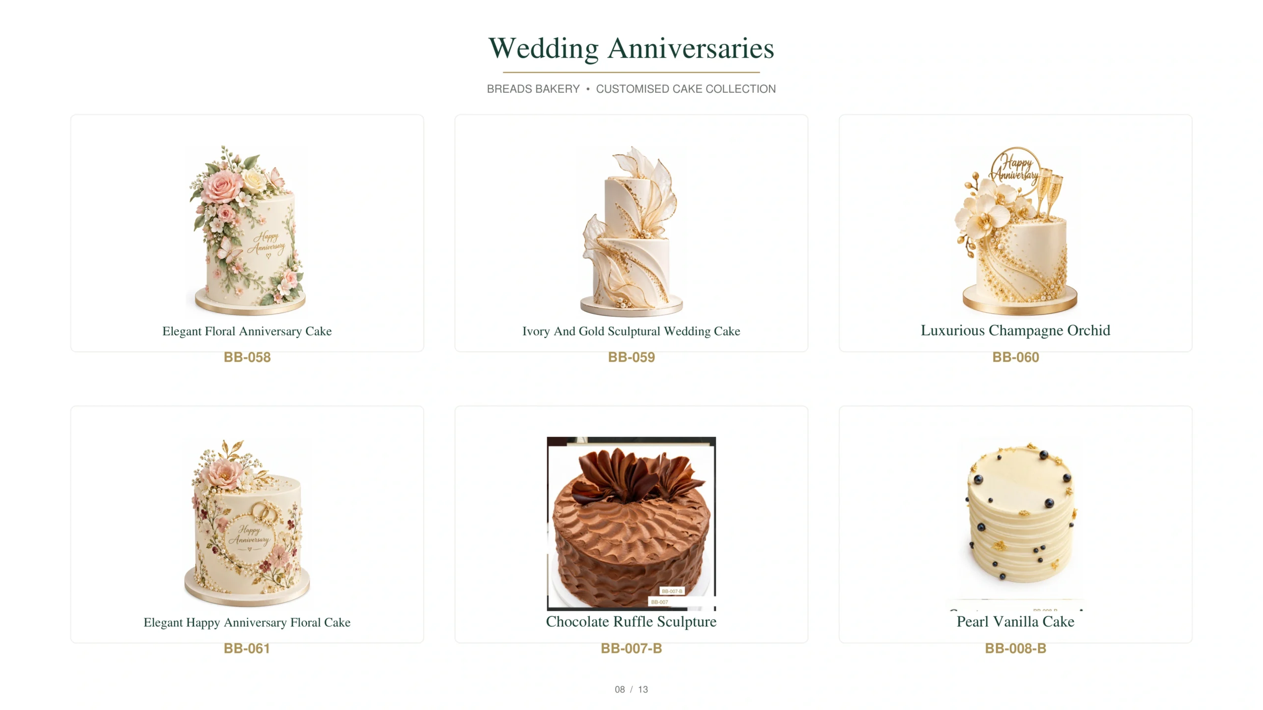 Wedding cake collection featuring three-tier pearl, regal gold and pearl, ivory draped pearl, ivory marble and gold anthurium, sculptural bow and pearl-and-ivory cake designs.
