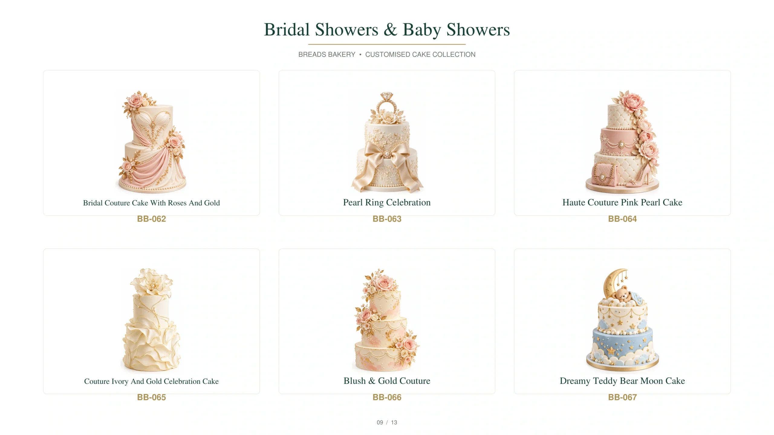 Bridal and baby shower cake collection featuring bridal couture with roses and gold, pearl ring celebration, haute couture pink pearl, couture ivory and gold, blush and gold couture, and dreamy teddy bear moon cake designs.
