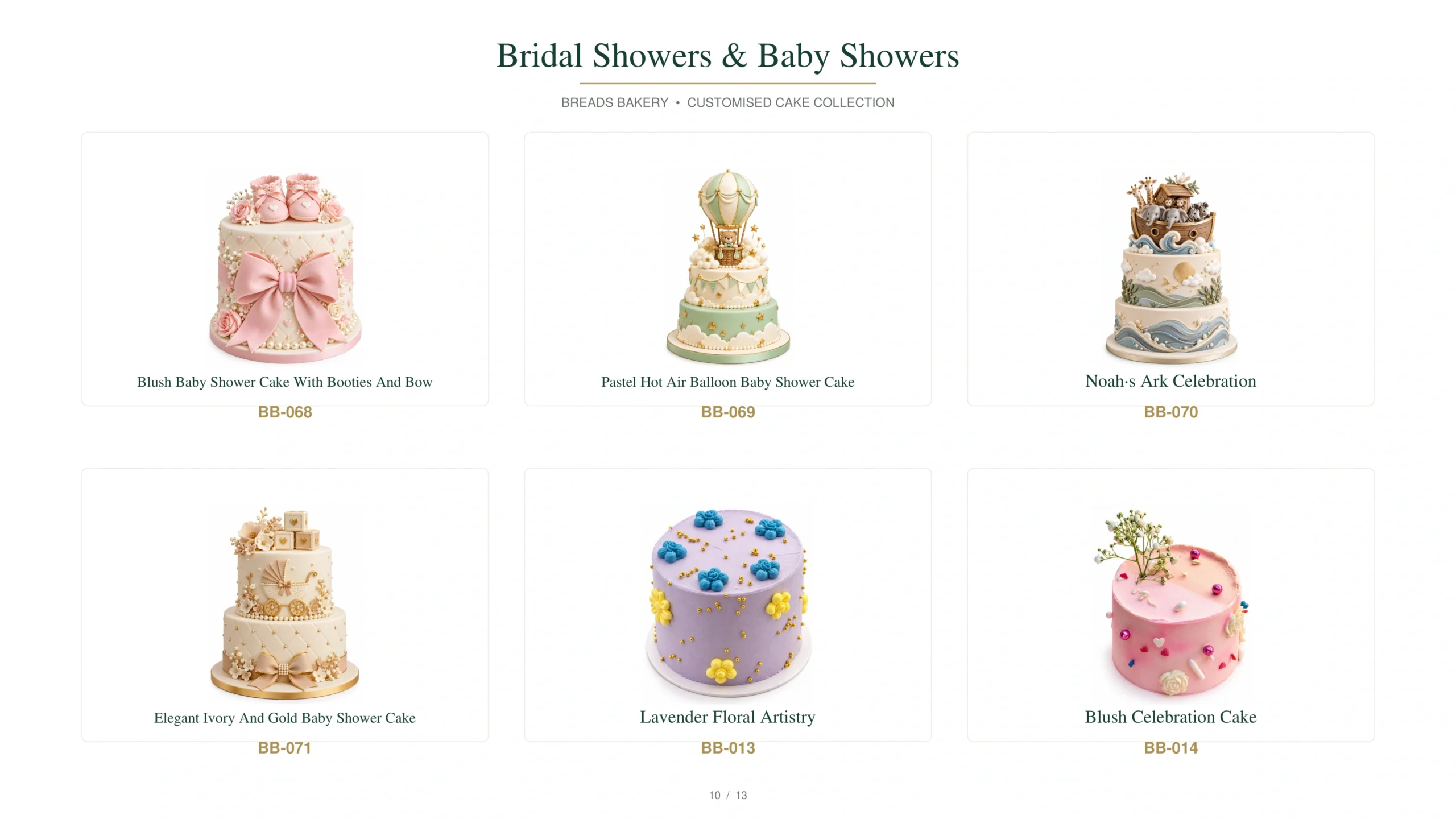 Baby shower and celebration cake collection featuring blush booties and bow, pastel hot air balloon, Noah’s Ark, elegant ivory and gold baby shower, lavender floral artistry and blush celebration cake designs.