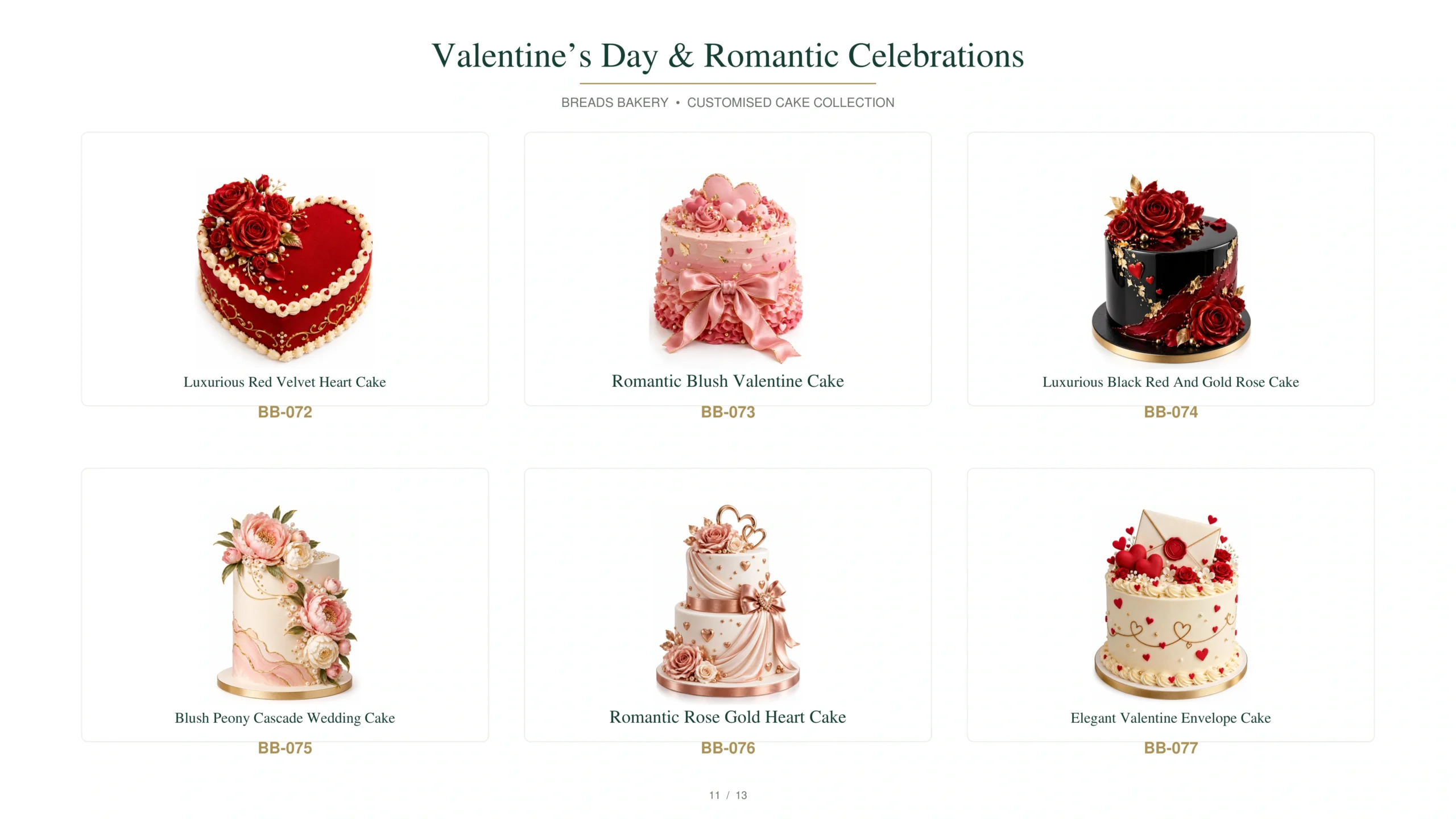 Romantic cake collection featuring a red velvet heart, blush Valentine cake, black red and gold rose cake, blush peony cascade wedding cake, rose gold heart cake and Valentine envelope cake.