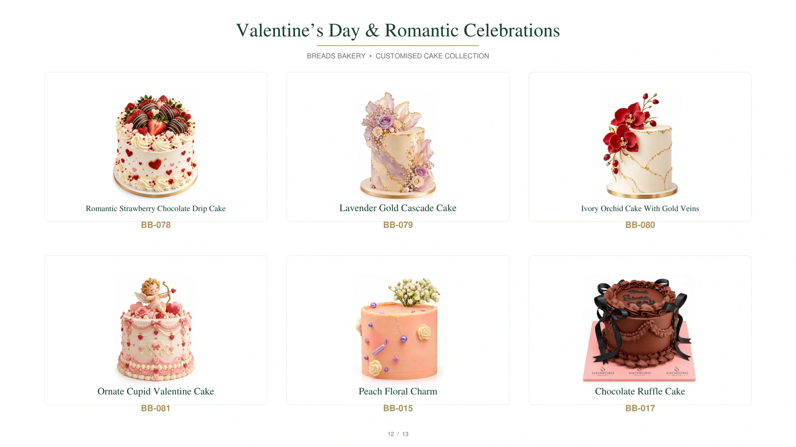 Romantic cake collection featuring strawberry chocolate drip, lavender gold cascade, ivory orchid with gold veins, ornate Cupid Valentine cake, peach floral charm and chocolate ruffle cake designs.