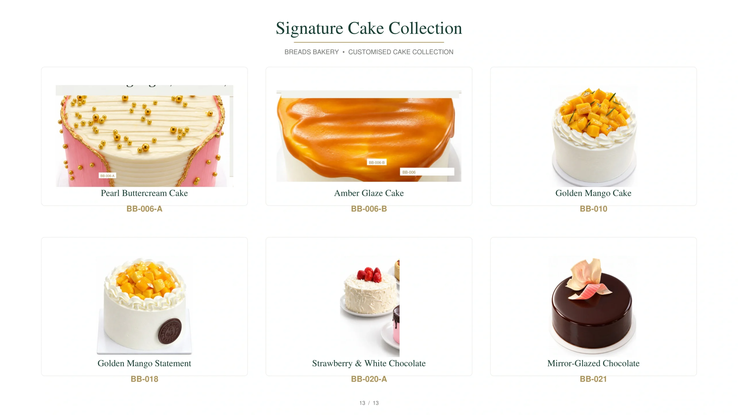 Breads Bakery signature cake collection featuring pearl buttercream, amber glaze, golden mango, golden mango statement, strawberry and white chocolate, and mirror-glazed chocolate cakes.