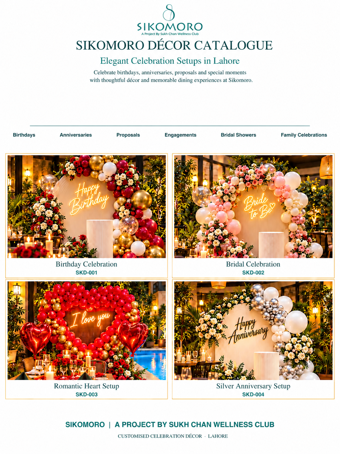 Sikomoro Restaurant event decor catalogue featuring birthday, bridal, romantic and anniversary celebration setups in Lahore