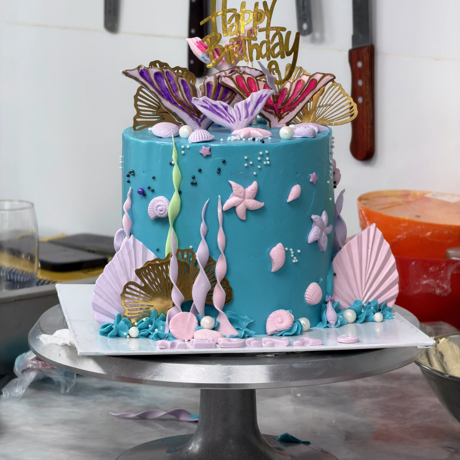 Blue birthday celebration cake at Sikomoro