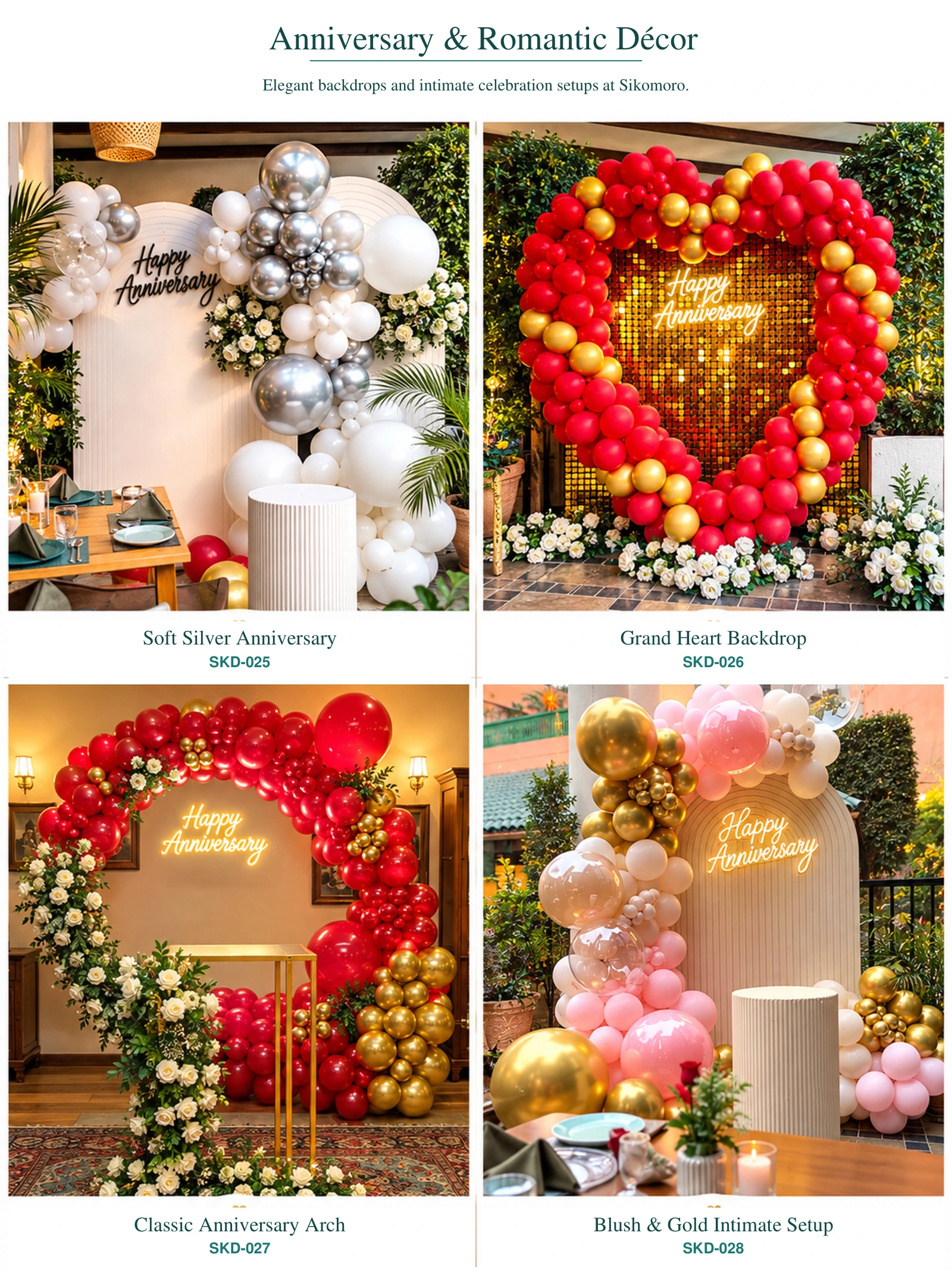 Elegant anniversary and romantic décor featuring heart-shaped balloon arches, floral arrangements and intimate celebration setups at Sikomoro Restaurant in Lahore